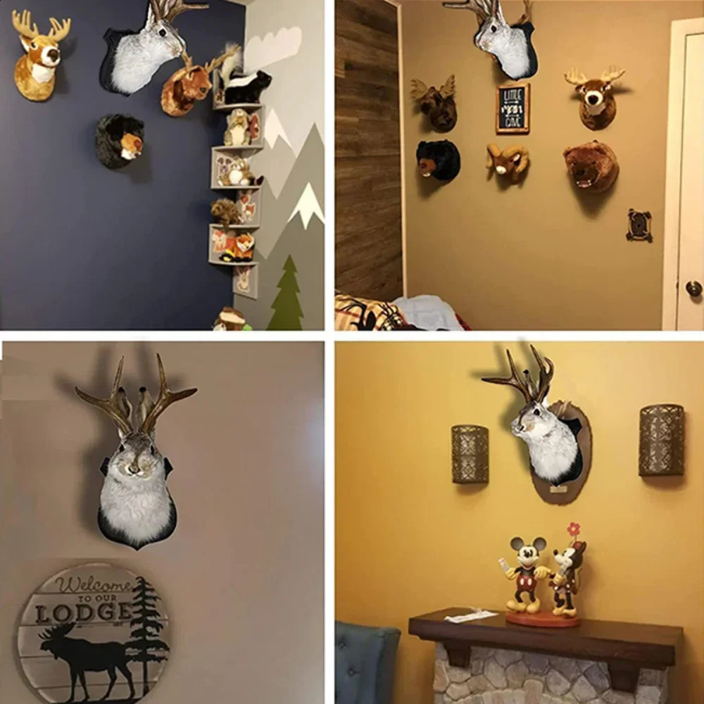 Antler Rabbit Head Wall Mount 3D Simulation Rabbit Furry Animal Taxidermy Easter Home Living Room Backdrop Decoration 240819