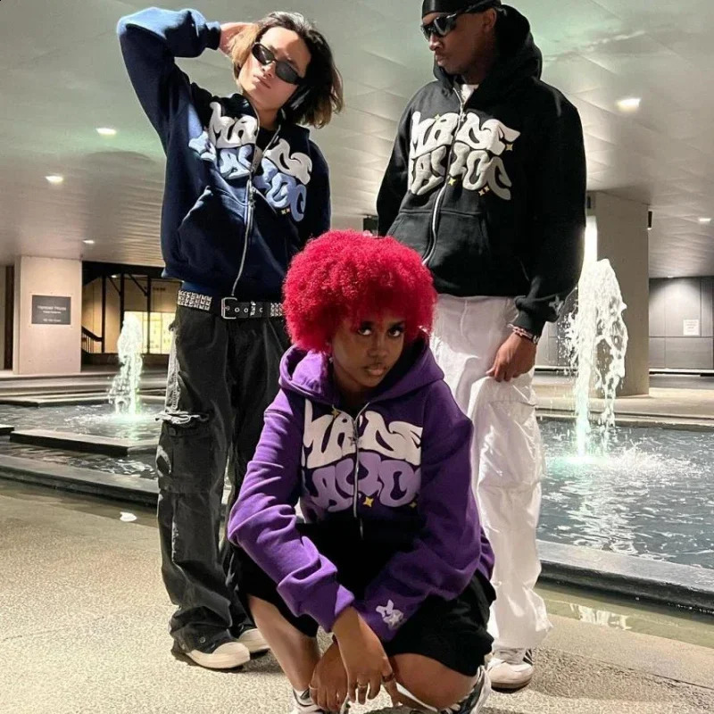 Euramerican Street Y2k Letter Printing Zipper Hoodie Man Oversized Cotton Loose Multiple Colors Hip-hop Trend Couple Sweatshirt 240819