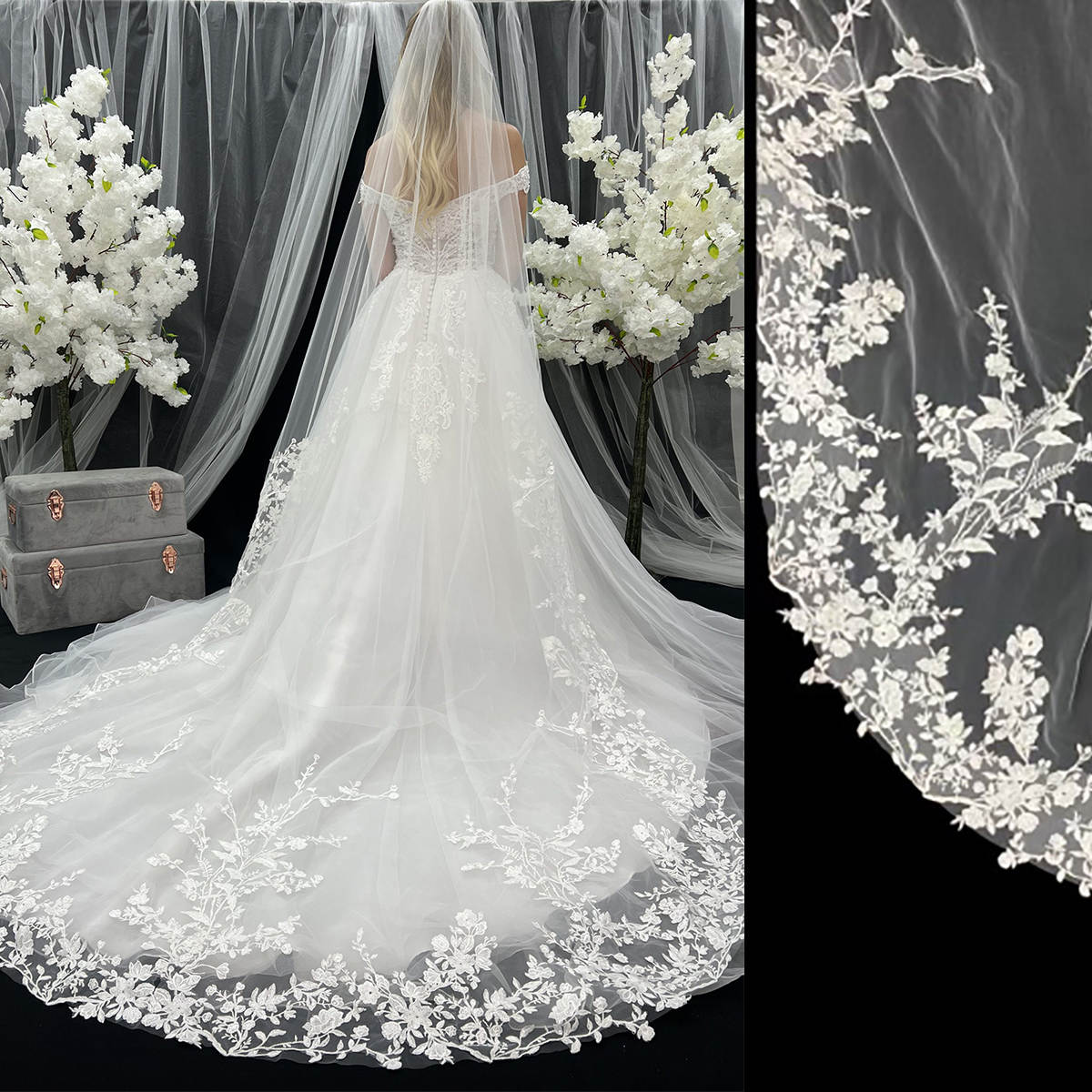 Simple Wedding Veil Plant Pattern One Layer Long Chapel Length Veils Applique Edge With Comb Custom Made Bridal Accessories