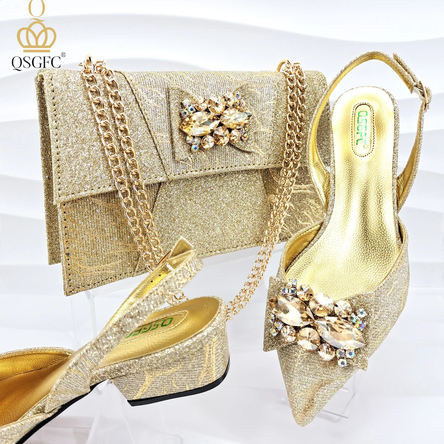 QSGFC Nigerian Elegant Mother Style Fuchsia Crystal Low Heel Shoes And Three-Dimensional Capacity Bag Womens Shoes 240724