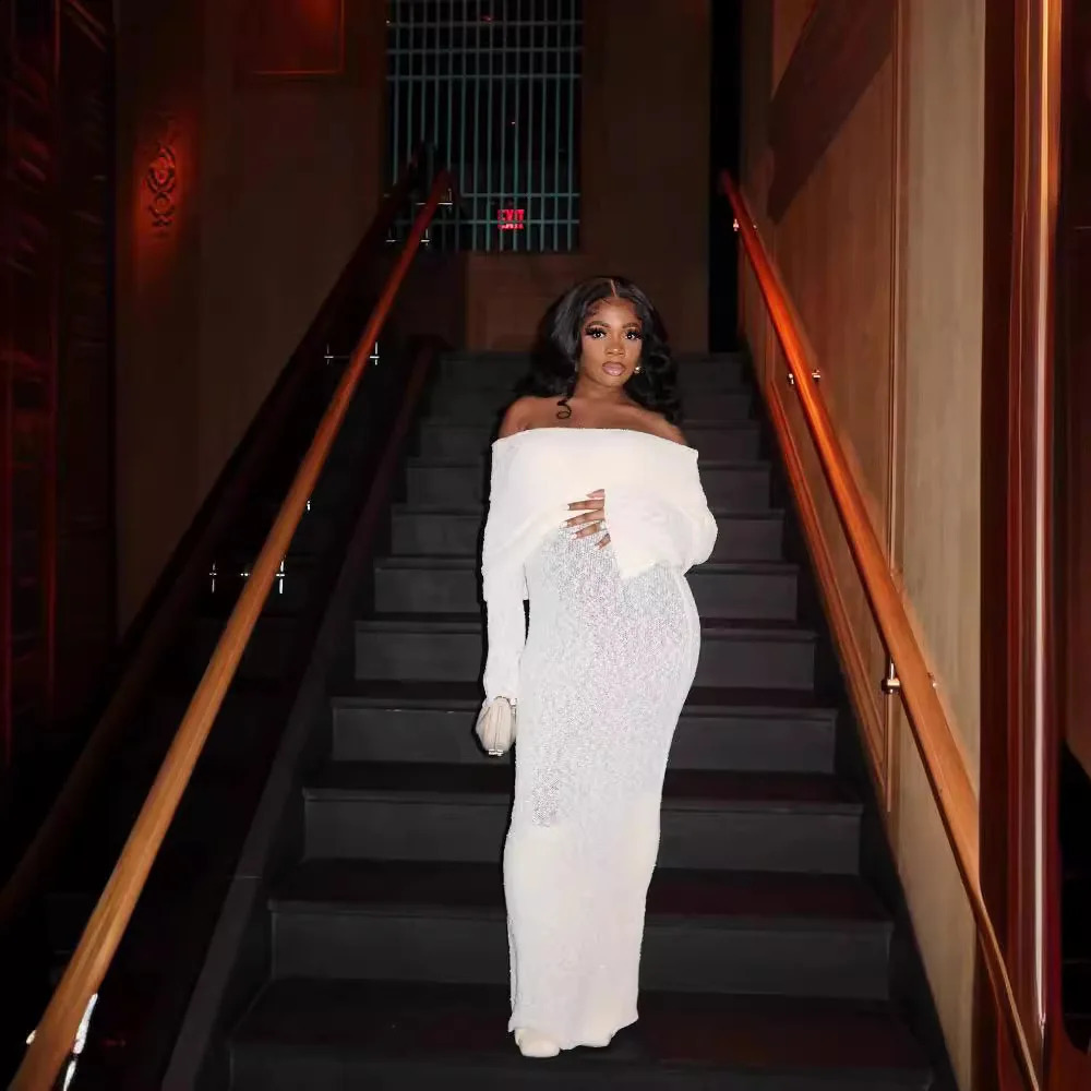 Summer Women Slash Nexk Sunscreen Maxi Dress Fashion Elegant Holiday Sexy See Through Long Sleeve Bodycon Knitted Long Dresses 240819