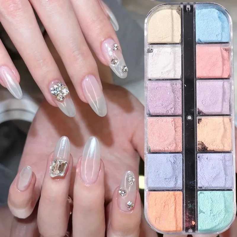 12 Colors Aurora Powder Nail Glitter Pigment Mirror White Iridescent Fairy Fine Chrome Reflective Rubbing On Dust Manicure DecorXJ240815