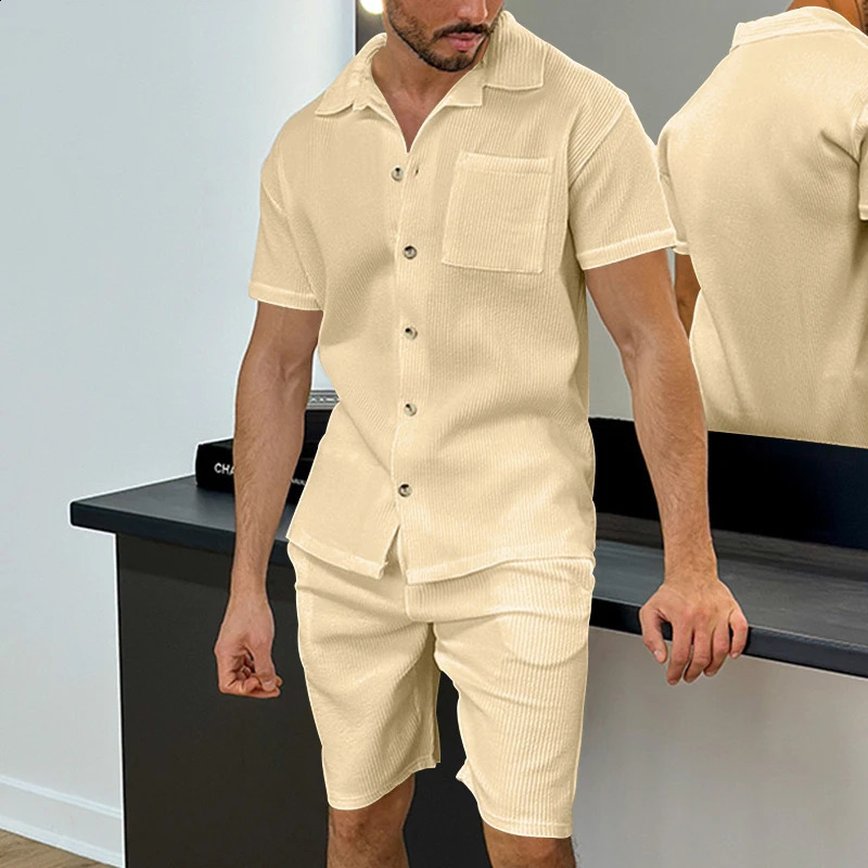 Summer Men Button Cardigan Shorts Suit Casual Sports Lapel T-Shirt Short Sleeve Solid Beach Mens 2 Pieces Set 240819