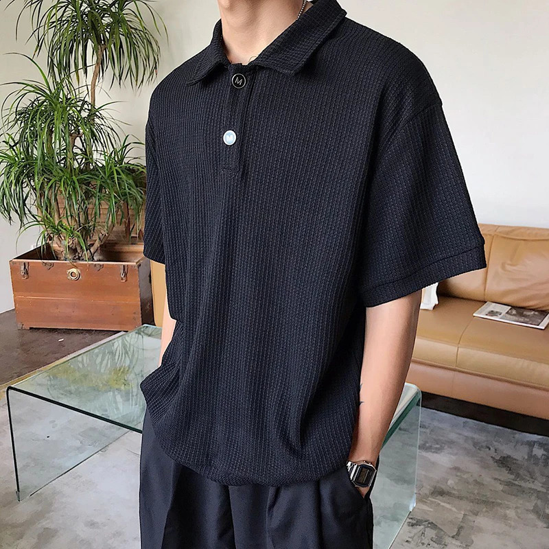 Korean Clothing Waffle Plaid Men Short Sleeve Sweatshirt Cool Casual Fashion Oversized Polo T Shirt Harajuku Streetwear Top 240819