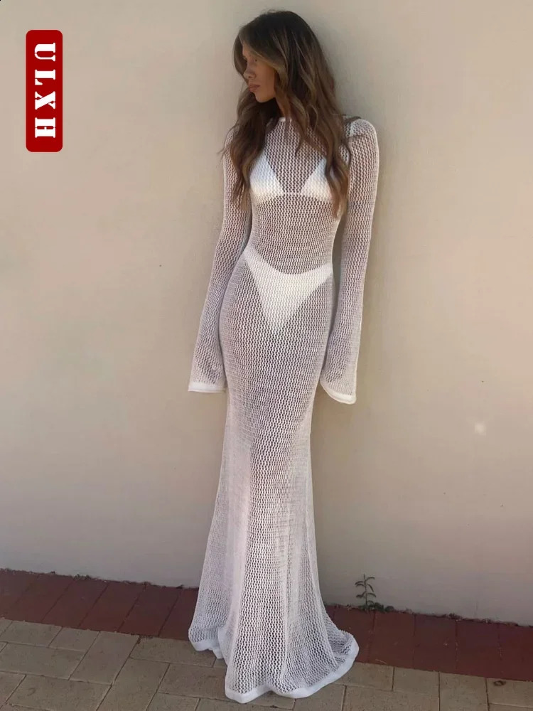 ULXH Sexy Elegant Long Sleeve Knit Beach Dress Streetwear Slim Fit Solid Backless Maxi Dress Summe Long Sleeve A Line Dress 240819