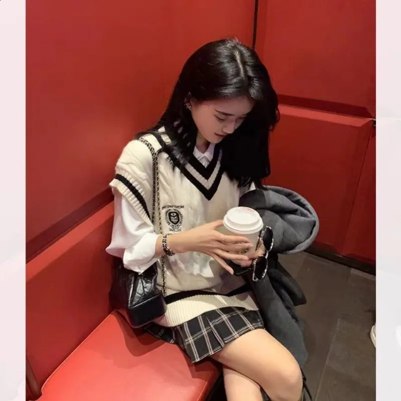 TKNOLEGE SpringSummer Knitted Vest Womens Sweater Korean Version British College Style Sandal Pattern Top 240819