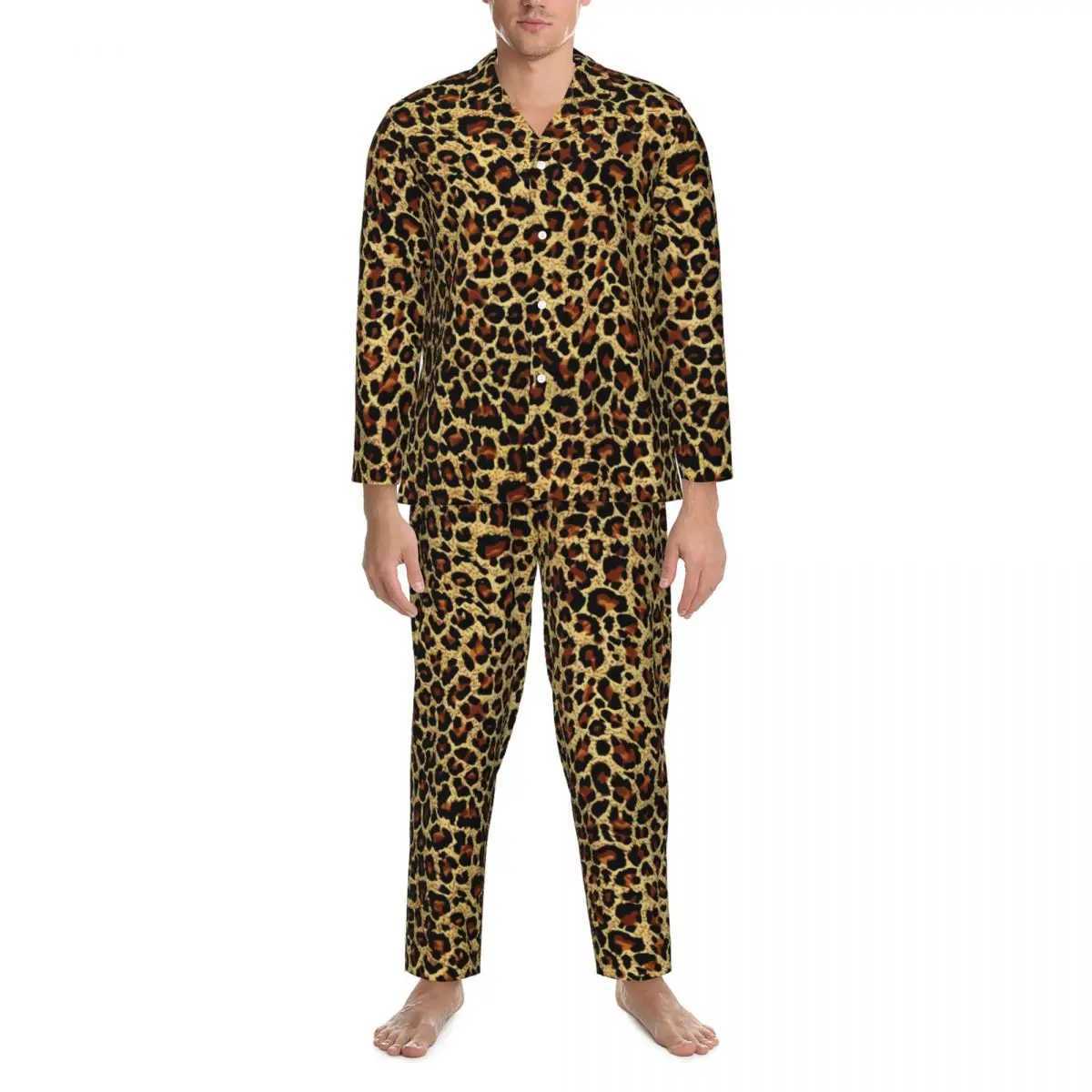 Classic leopard print pajamas autumn retro animal print aesthetic oversized pajamas set mens long sleeved fashionable Japanese graphic pajamasW240719