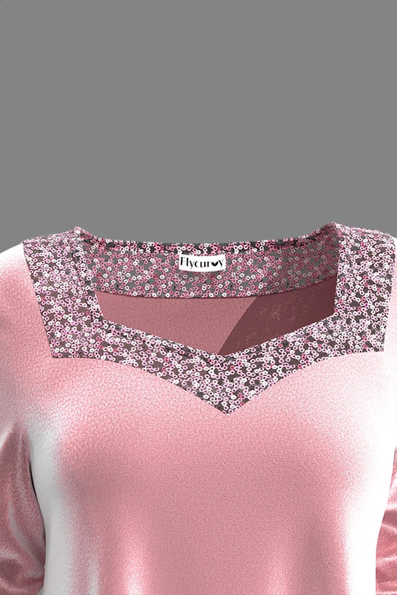 Plus size casual pink velvet sequin decal square neckline shirt long sleeved top elegant womens spring autumn party outfit 240819