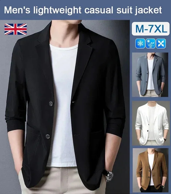Mens lightweight jacket summer fashion thin anti wrinkle ultrathin solid lapel casual set breathable 240819