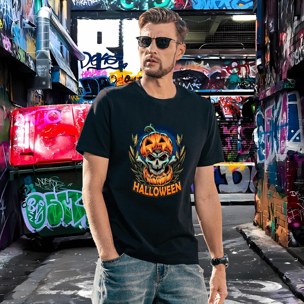 New Arrival Men Tees halloween Street Casual 230g Pure Cotton Tshirts Crew Neck Cool Man T Shirts Black Oversized