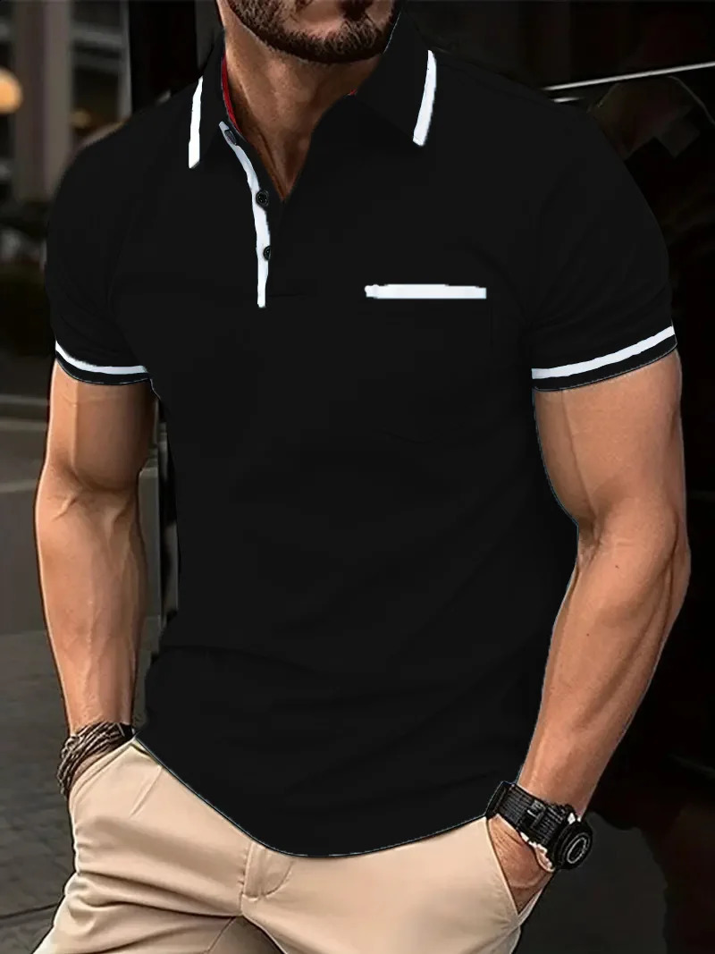 Mens short-sleeved polo shirt button pocket white T-shirt sports casual loose fashion mens spring summer top 240820