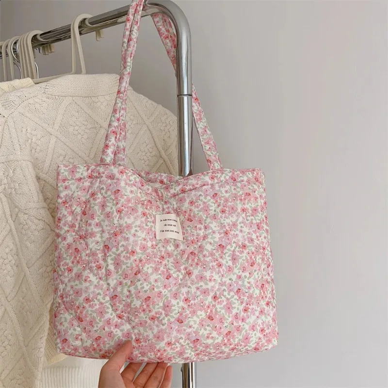 Cotton Floral Tote Bag for Women Handbag Trendy Chic Puffy Top Handle Bag Quilted Padded Shoulder Bag er Shopper Bag 240820