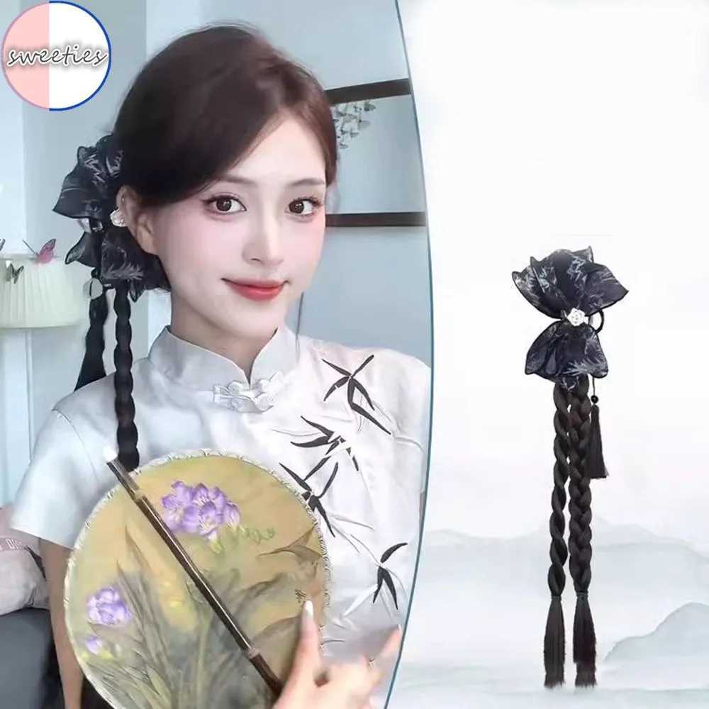 Chinese style bow clip style ponytail synthetic Wigs womens retro gentle boxing chest braid hair extension 50cm W240817