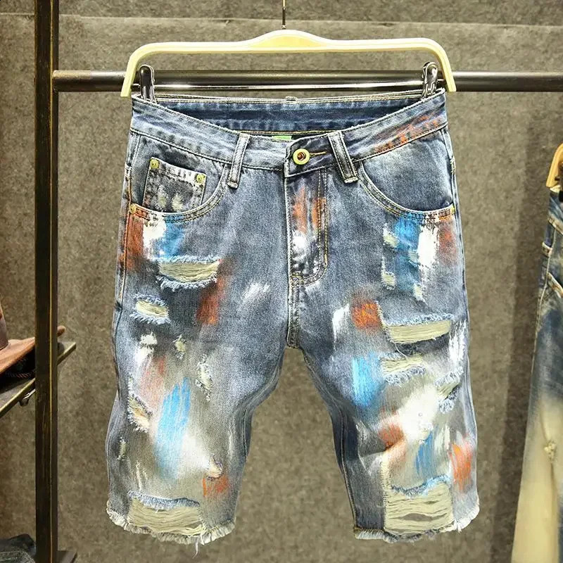 Mens shorts jeans pants multicolor tear graffiti mens denim Korean fashion blue cutting expression trend original Xl 240819