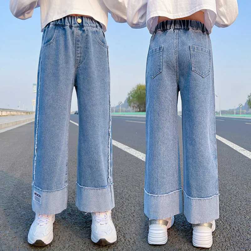 2024 Childrens Baby Girls Spring Jeans Elastic Strapless Childrens Loose and Loose Long Leg Pants Denim Autumn Trouthers 10 11 12 13 Years OldW240819