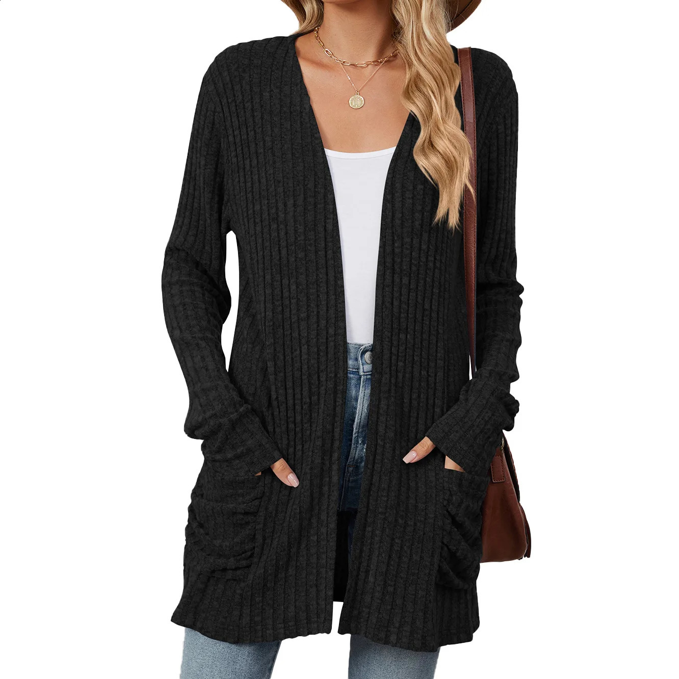 Womens fashionable casual solid cardigan wool sweater pocket knitted top front long sleeved autumnwinter coat 240819
