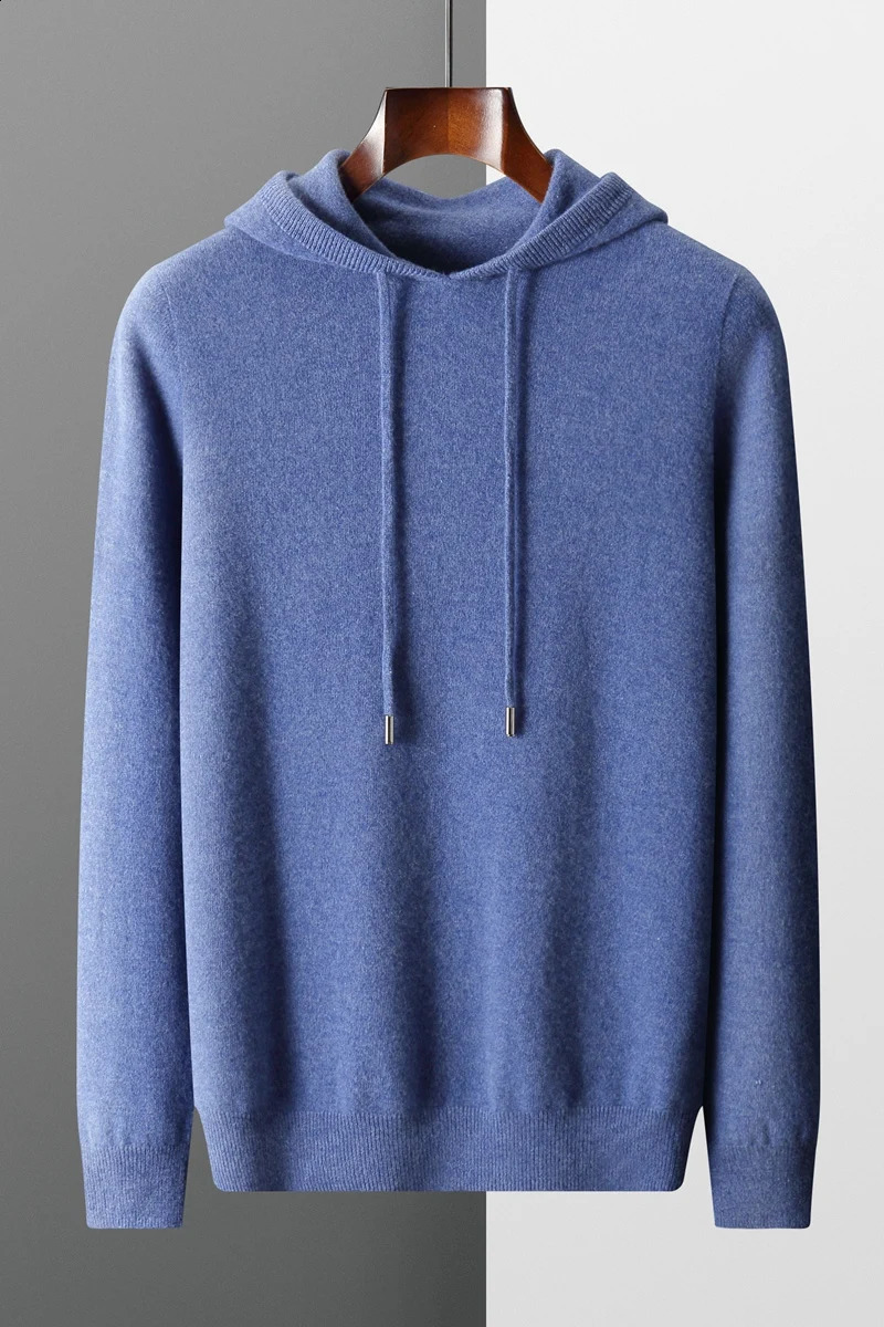 Mens sweater 100% pure wool knitted pullover autumn and winter thick cashmere casual loose hooded top 240819