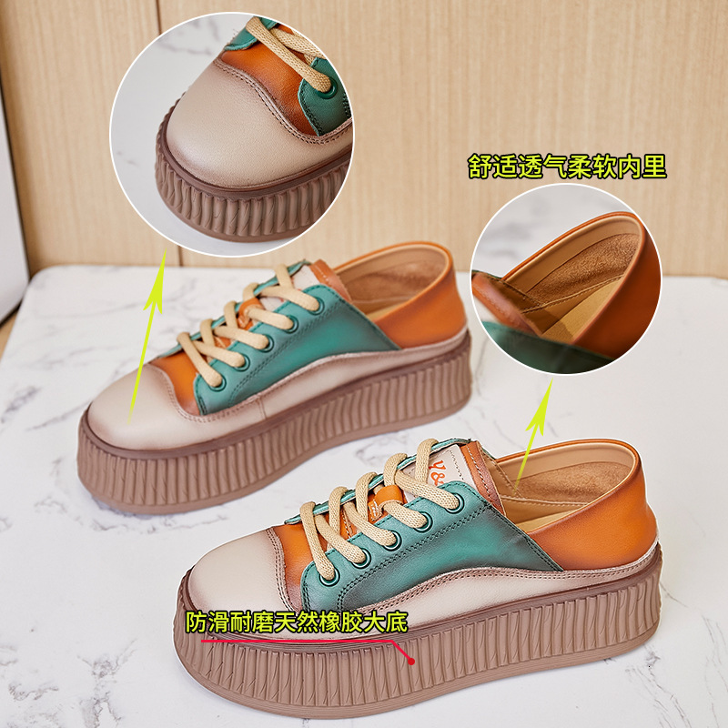 Ddmysports Top Layer Cowhide Biscuit Spring New Small White Ethnic Style Genuine Leather Trendy Thick Soled Women S Shoes OUTDOOR