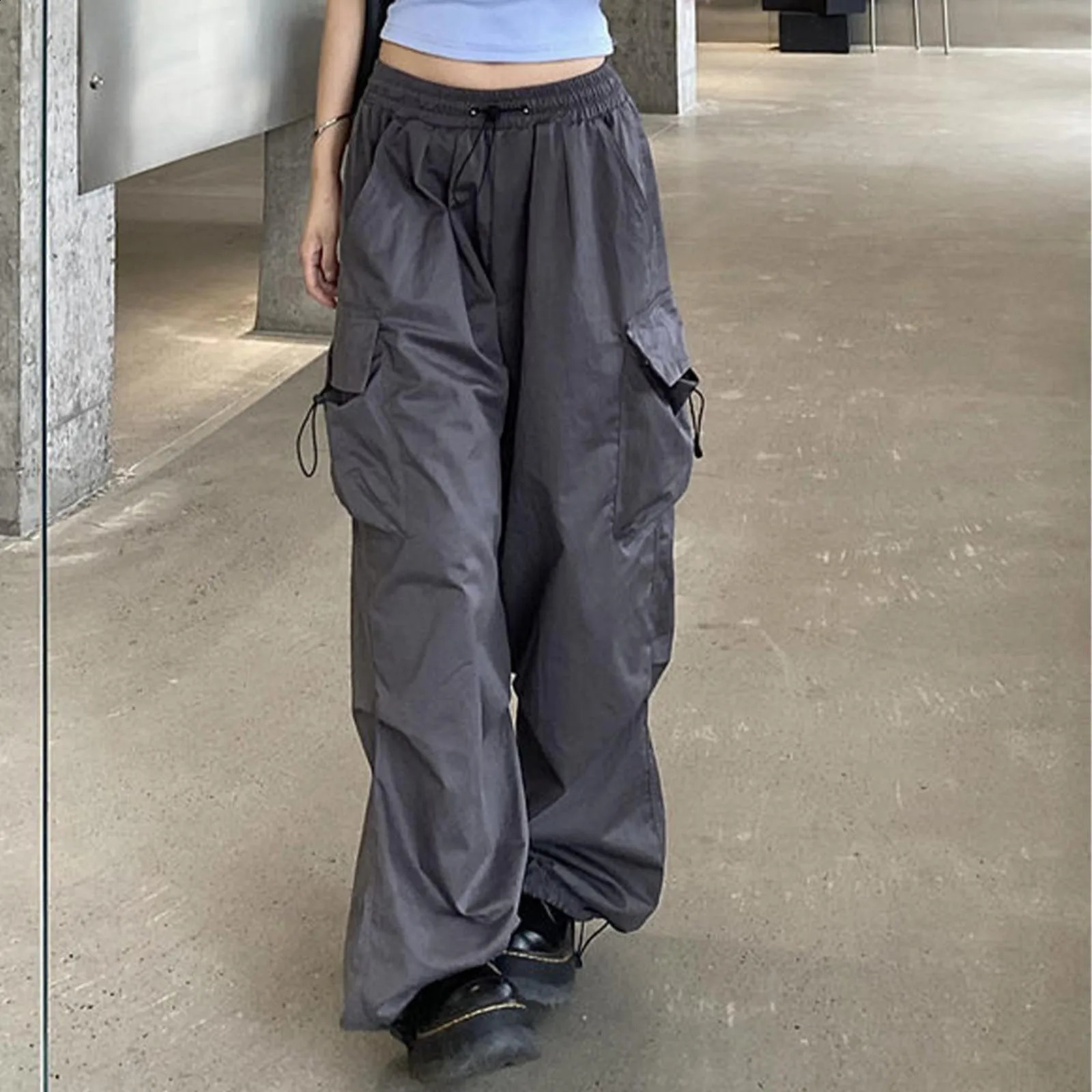 Y2K Women Casual Joggers Tech Solid Low Waist Pants Drawstring Wide Leg Baggy Trousers Y2k Streetwear Oversize Sweatpants Z260314