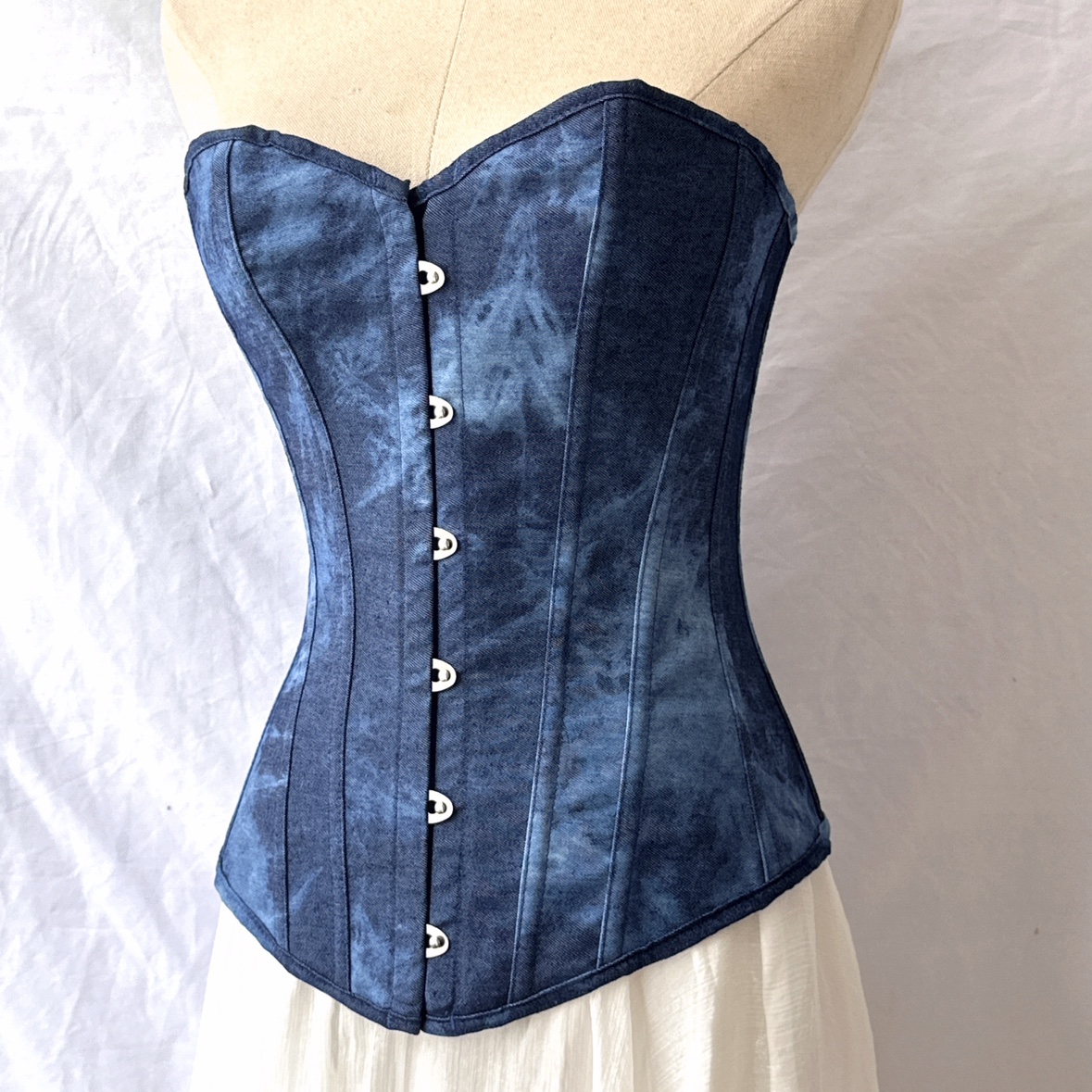 Retro Blue Denim Overbust Corset with Intricate Tie-Dye Pattern - Medieval Inspired Fashion S-3XL Plus Size for Cosplay and Renaissance Events