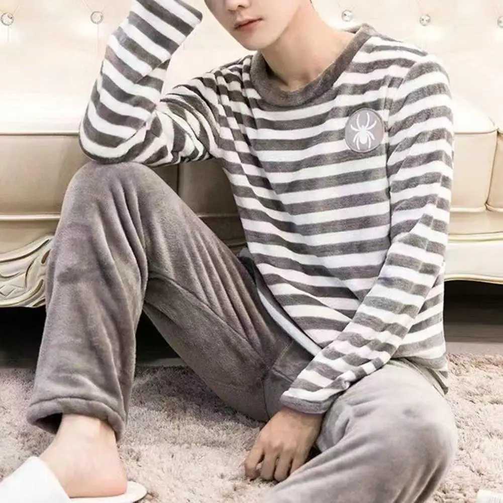 Autumn and Winter Pajama Set Striped O-neck Long Sleeve Warm Elastic Waist Thick Coral Velvet Mens PajamaW240719