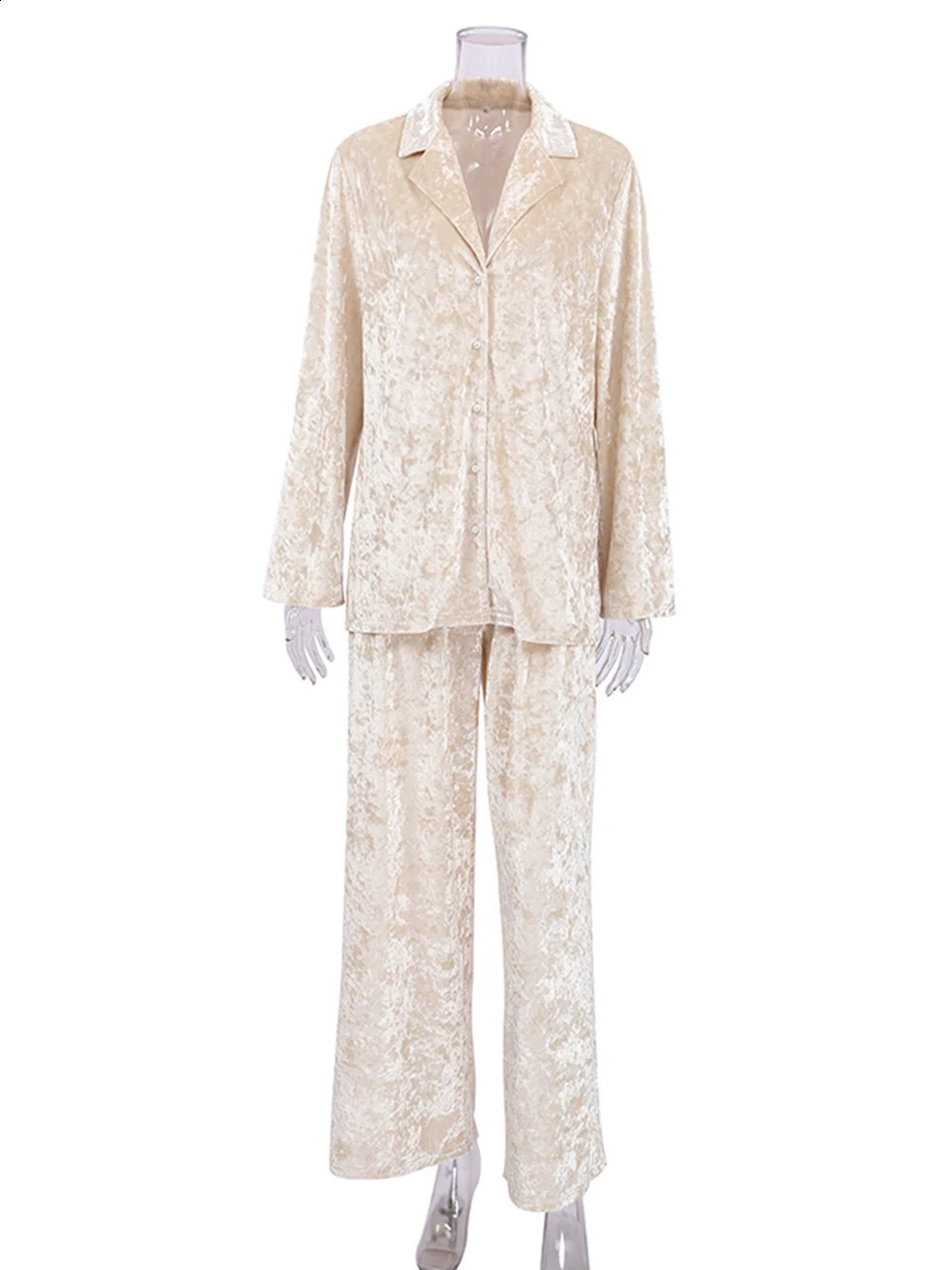 Hiloc Velvet Pajama Long Sleeve Womens Set Collar Knitted Trouser Single Chest Family 240819