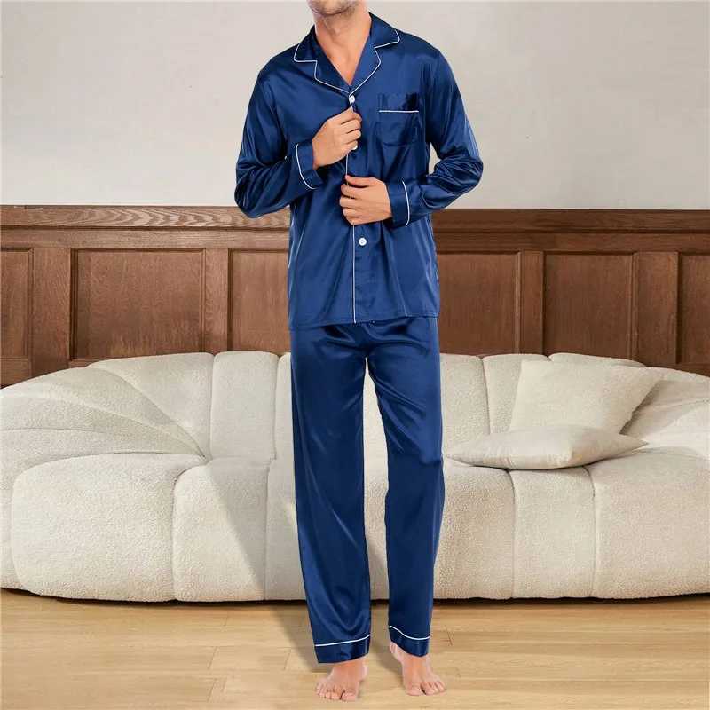 Mens Pajama Set Ice Silk Pajama Collar Pajama Long Sleeve Spring Mens Pajama 2-piece SetW240719