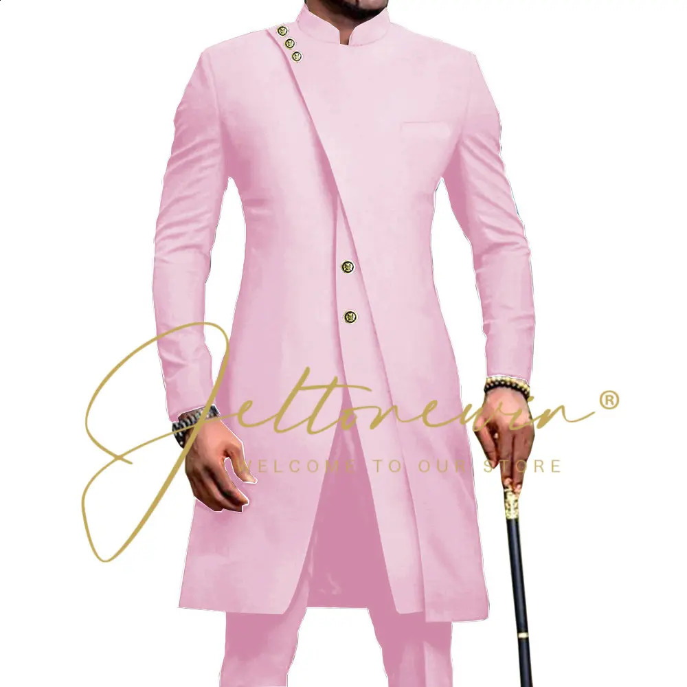 African Style Stand Collar Male Navy Blue Groom Tuxedos For Wedding Costume Groomsmen Man Slim Fit 2 Piece Blazer Pant 240819