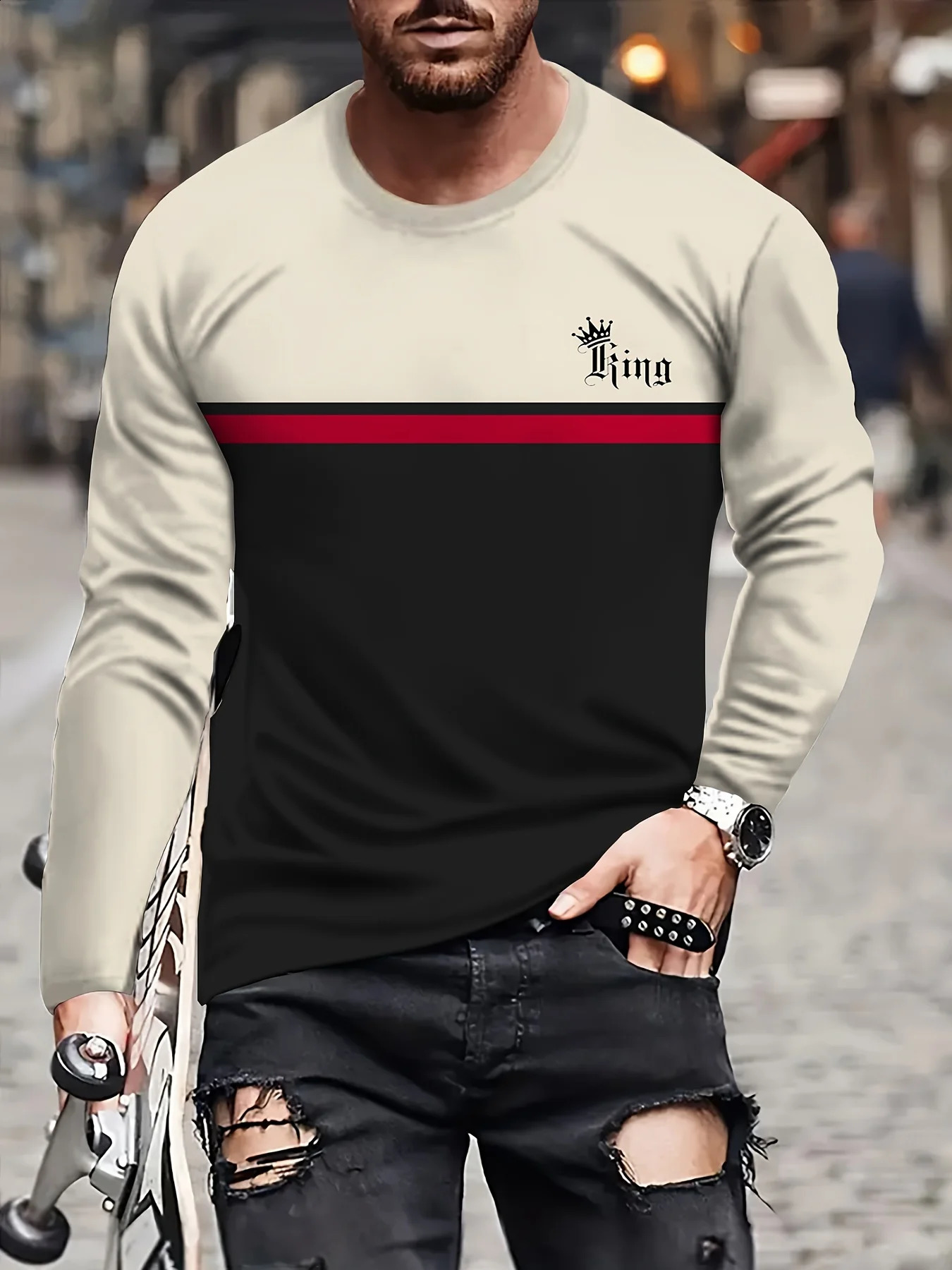 Funny Letter Stripe Print T Shirt For Men Autumn Fashion Loose Cotton Tops Casual O-neck Long Sleeve T-Shirt Mens Clothes Tees 240820