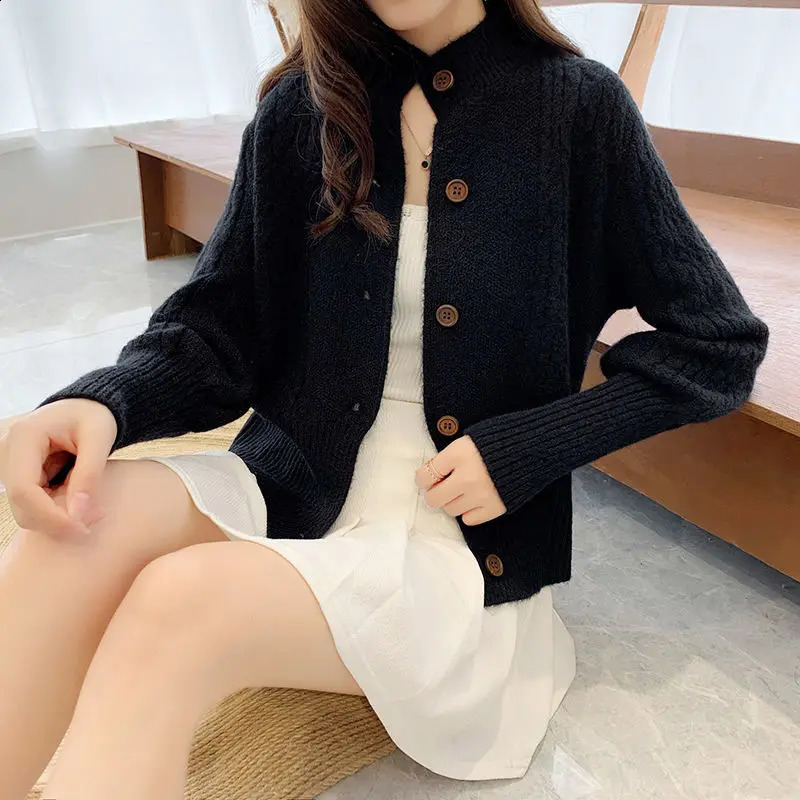 Autumn and Winter Womens Open breasted Solid Long sleeved Threaded Button Knitted Ultra thin Fashion Stand up Collar Sweater Jacket 240819
