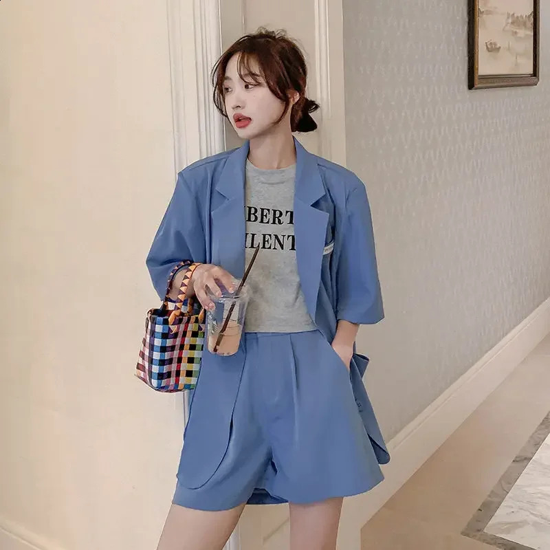 Womens Short Pants Sets Loose Office Pink Blazer and Shorts Suit for Woman Summer Sleeve Green Clothing with Jacket Full 240820