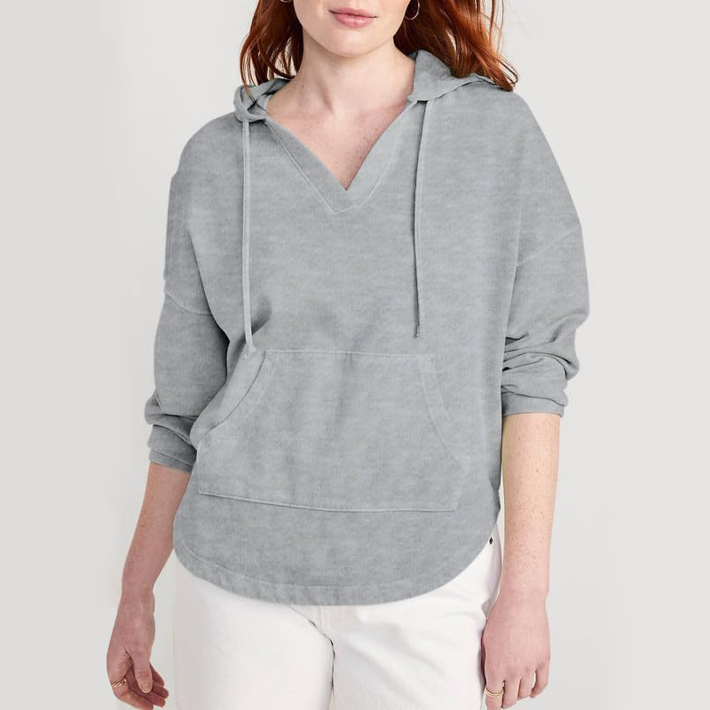 Women's Autumn & Winter V-Neck Sportswear with Adjustable Drawstrings - Casual Hooded Pullover