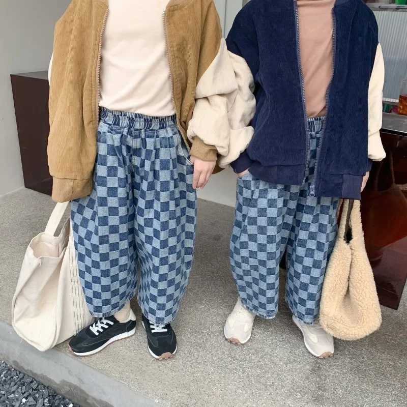 Baby Girls Jeans Kids Grid Elastic Waist Jeans Fashion Jean Trouser 2024 Spring/Summer Childrens Clothing Korean StyleW240819