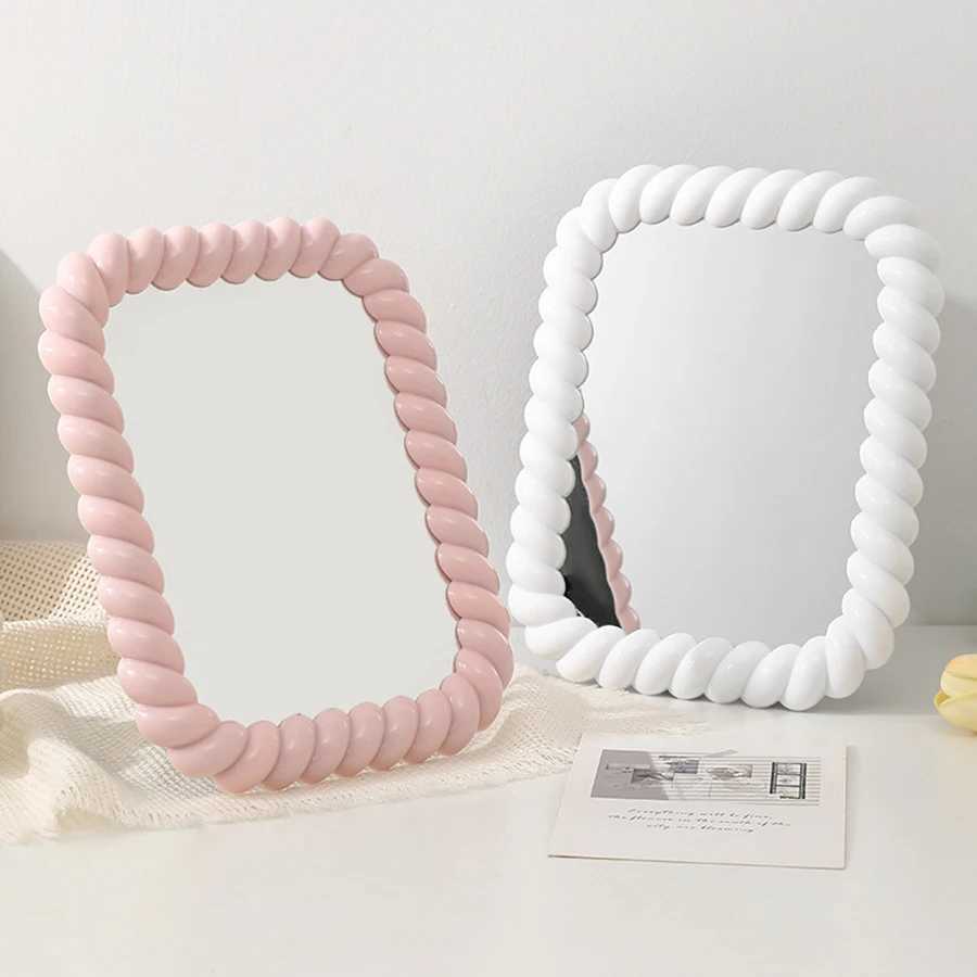 1Pc Desktop Makeup Mirror Rectangle Cute Cream Style Plastic Portable Vanity Mirror For Women Girls Y240819