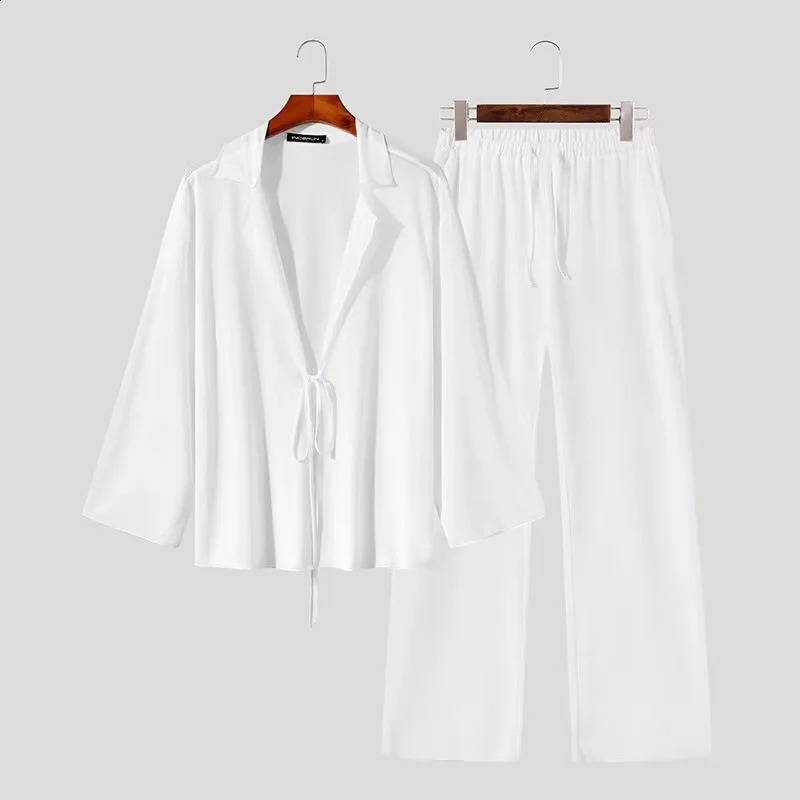 Mens Thin Solid Color Sexy suits Deep V-Lace Long Sleeved Cardigan Shirt Perspective Pants Fashion Clothing Male Two Piece Set 240819