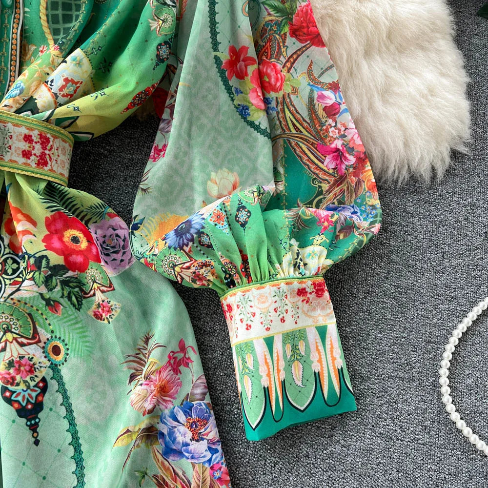 Spring Autumn Holiday Flower Chiffon Long Dress Womens Stand Collar Lantern Sleeve Floral Print Belt Long Party Robe Vestido 240819