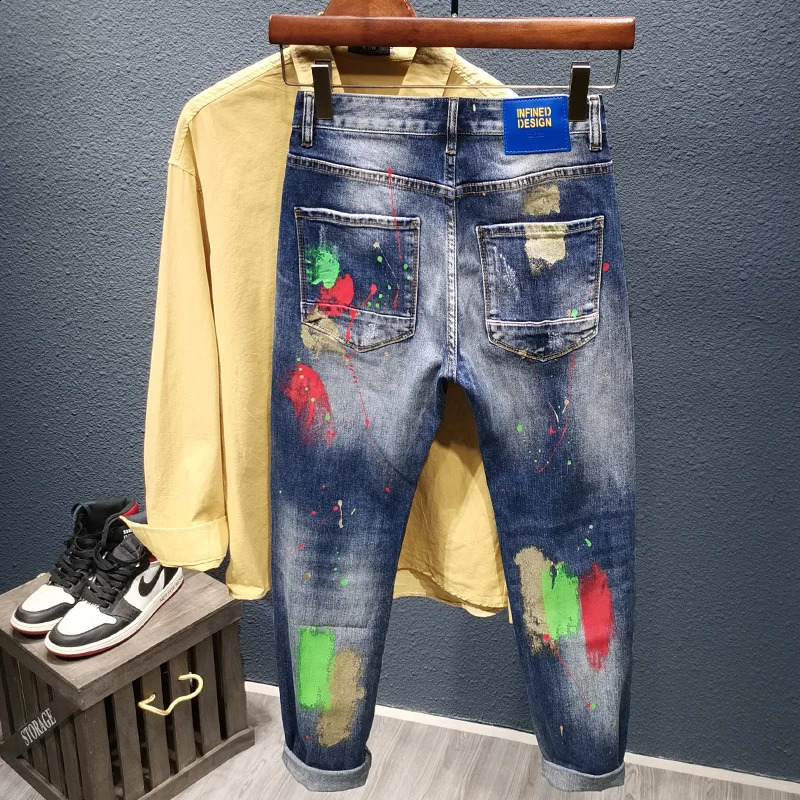 Mens Graffiti Jeans Fashion Spray Paint Ripped Hole Personality Hip-hop Streetwear Male Clothing Slim Youth Denim Trousers