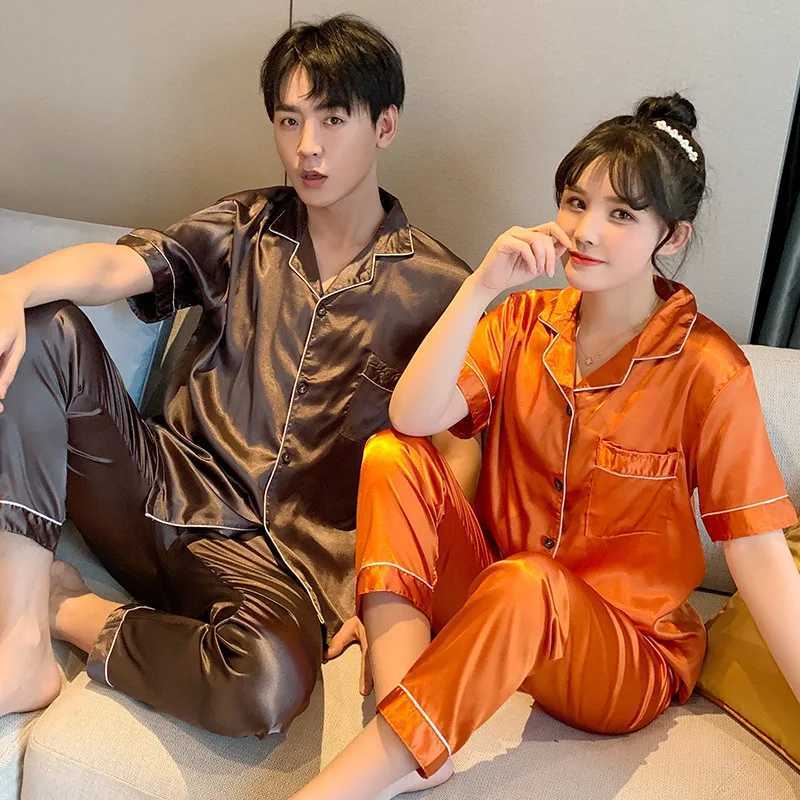 Spring Silk satin sleepwear couple set summer short sleeved button down sleepwear womens solid color casual wear plus size Pj set W241221