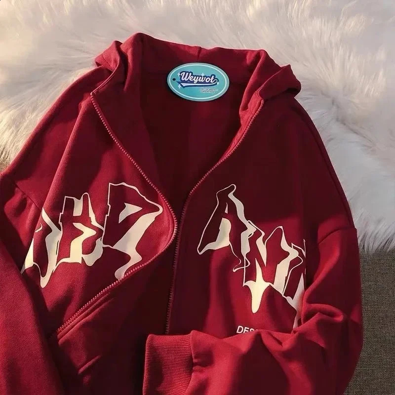 Y2K Letter Print Zip Up Hoodies Women Men Jacket Casual Hip Hop Harajuku Streetwear Clothes Tops Loose Grunge Hooded Sweatshirt 240819