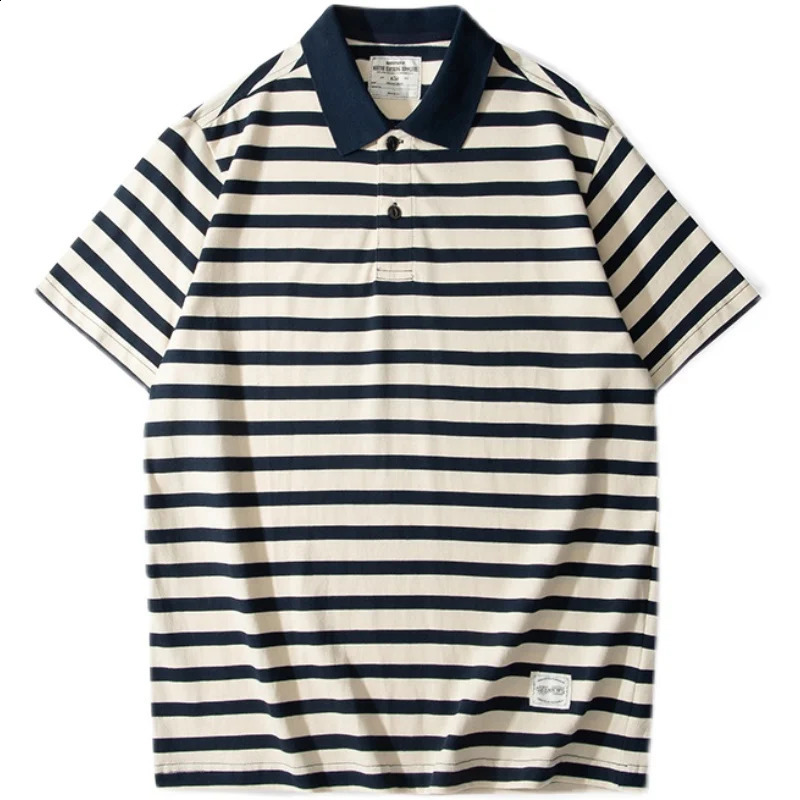 Summer American Retro Navy Stripe Fashion Polo Shirt Mens Simple Pure Cotton Short Sleeve Youth Casual T-shir 240820