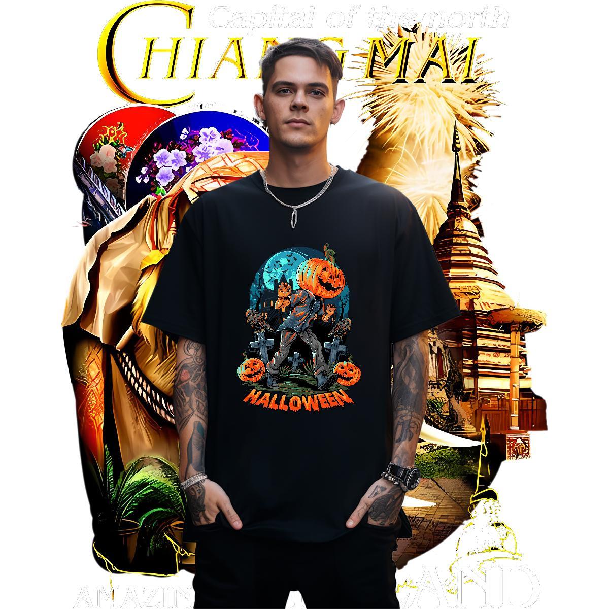 Cool T shirt pumpkin Short Sleeve Soft Beach DIY Logo Oversized 230g Pure Cotton Men Tshirts New Arrival Clothes