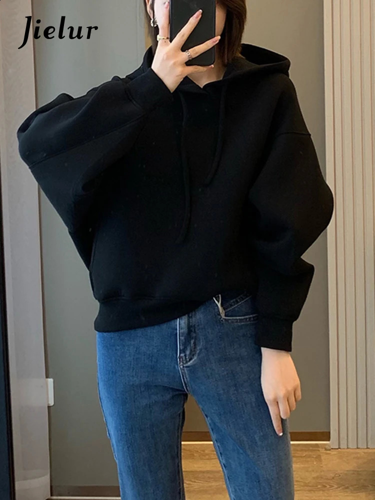 Jielur Fashion Simple Solid Color Womens Sweatshirt Slim Loose Vintage American Casual O-neck Female Hoodies Green White 240819