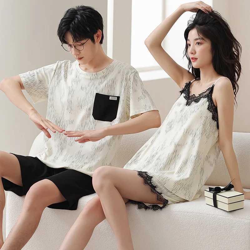 Summer sleepwear mens knitted cotton sleepwear set Korean sweet sleepwear womens sexy sleepwear family clothingW240719