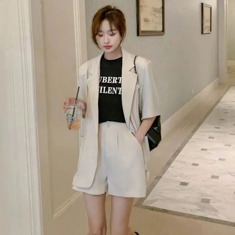 Womens Short Pants Sets Loose Office Pink Blazer and Shorts Suit for Woman Summer Sleeve Green Clothing with Jacket Full 240820