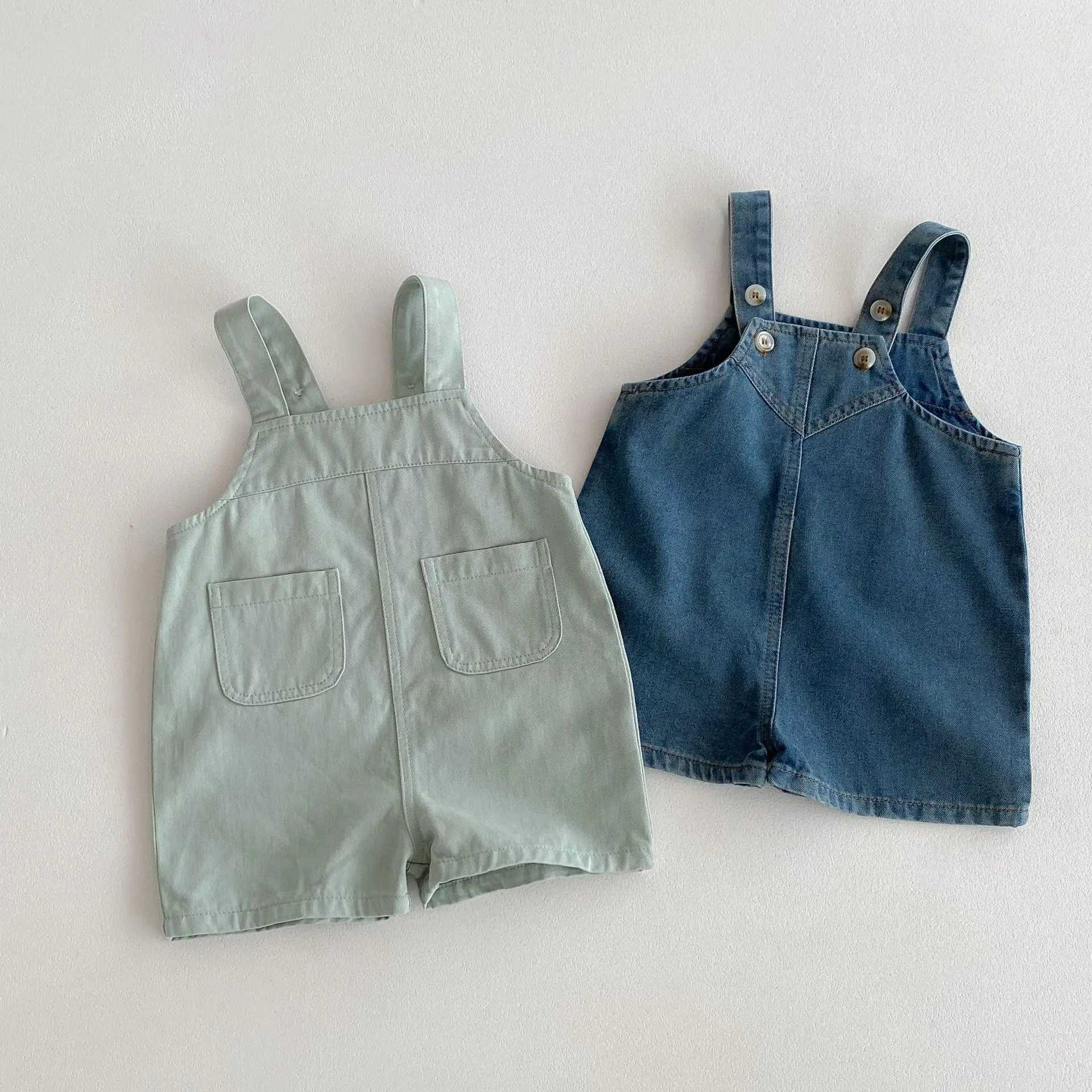 2024 summer new childrens solid set cute girl denim set baby boy with short sleeved childrens jumpsuit toddler clothing W240806
