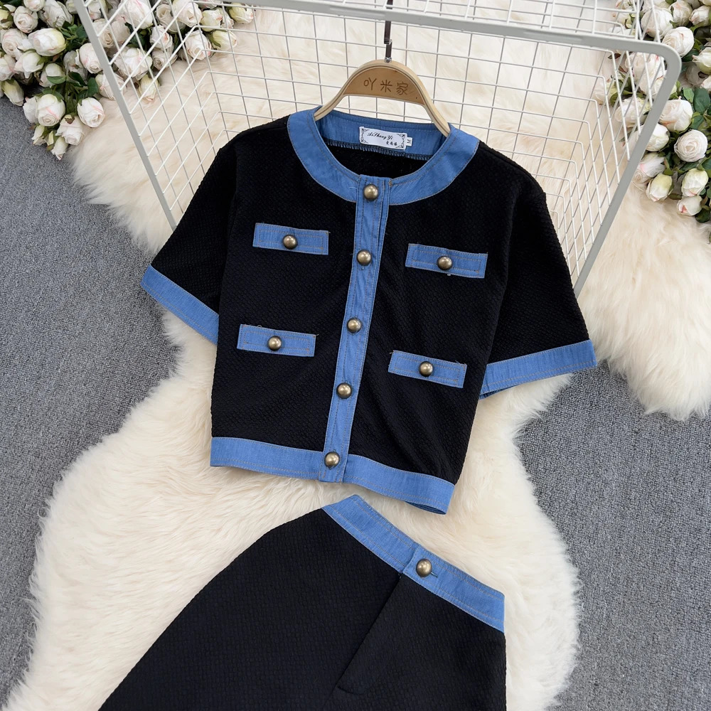 Women 2 Pieces Clothing Sets O-Neck Short Sleeve Patchwork Button Tops High Waist Split Straight Trousers Suits Outfits 240819