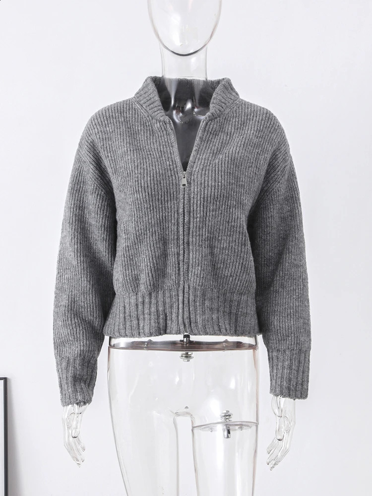 Fashion Gray Zipper Knitted Sweater For Women Spring Autumn Long Sleeve Knit Bomber Jacket Female Street Warm Lady Chic Top 240819