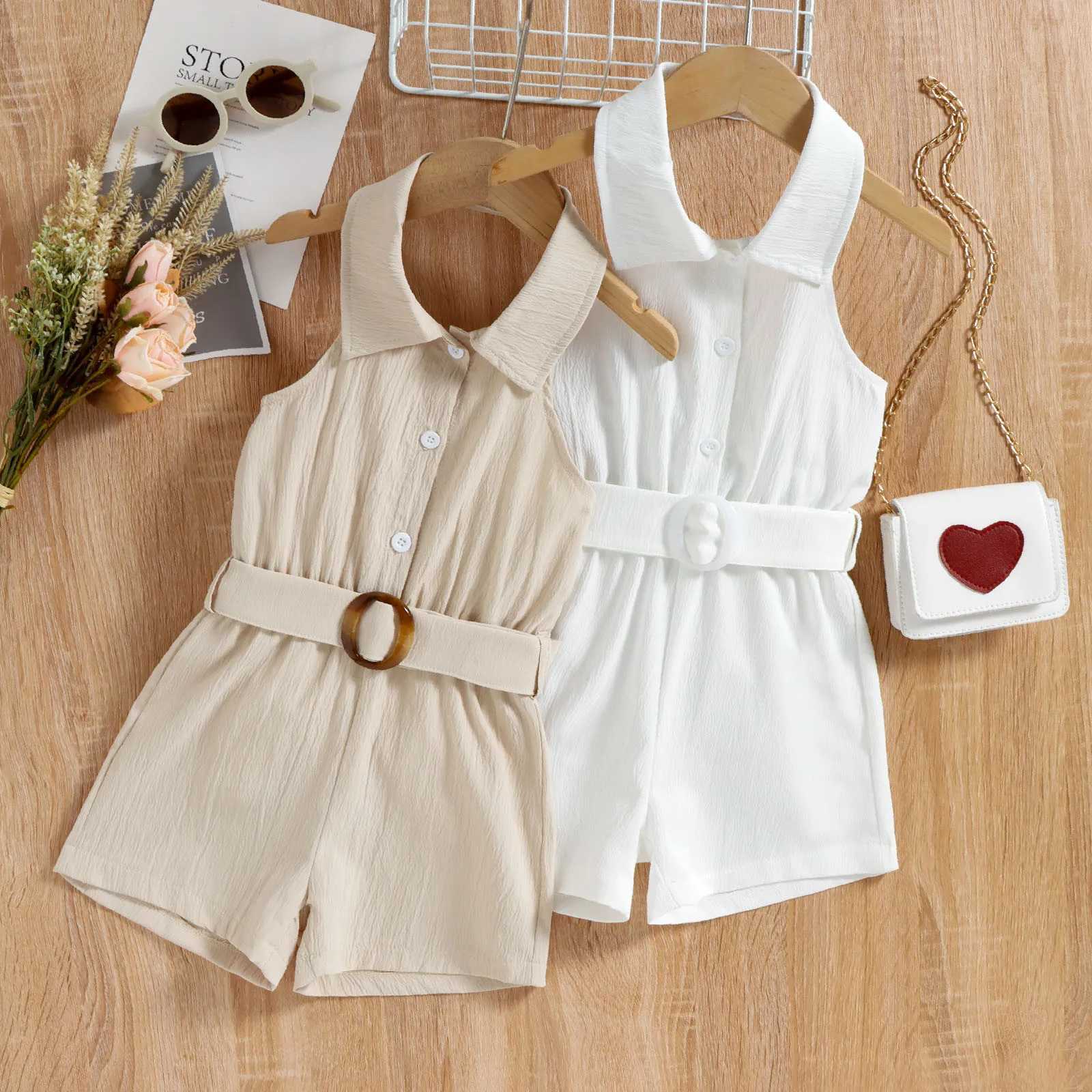 Summer girls sleeveless jumpsuit solid jumpsuit and belt set W240806