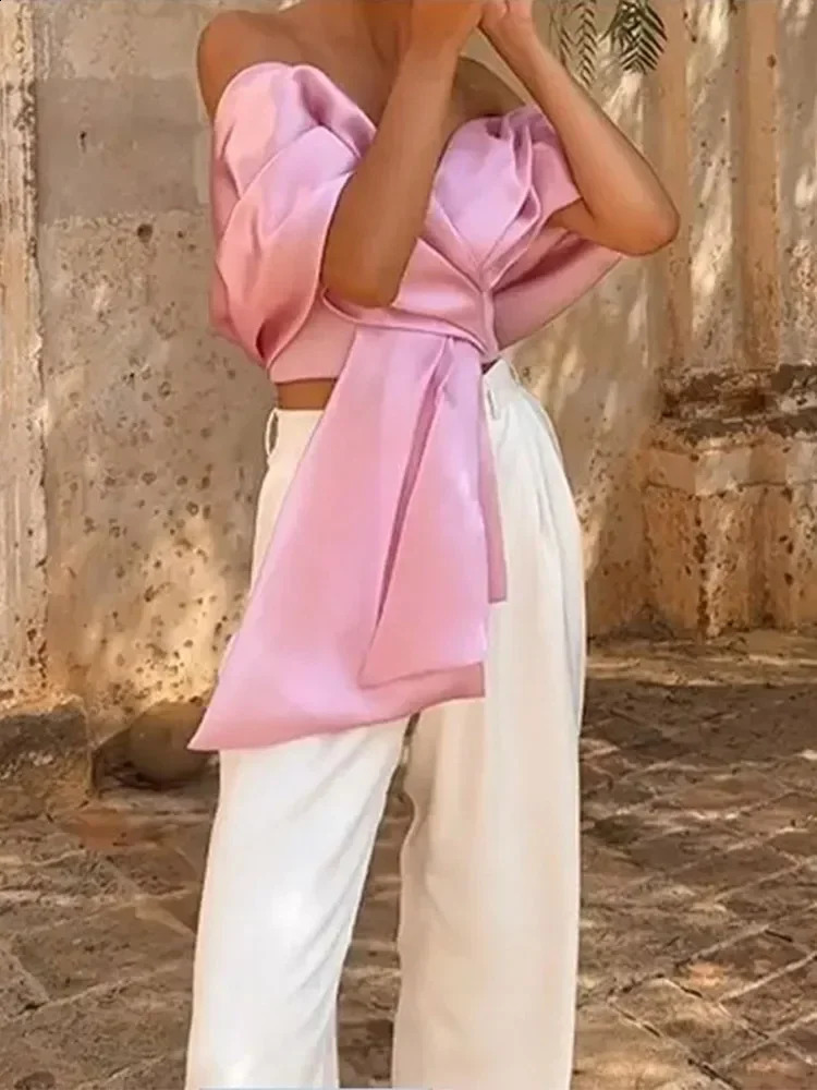 Fashion Pink Satin Bow Strapless Top Women Summer Pleated Off Shoulder Backless Cropped Vest Female Elegant Chic Streetwear 240819