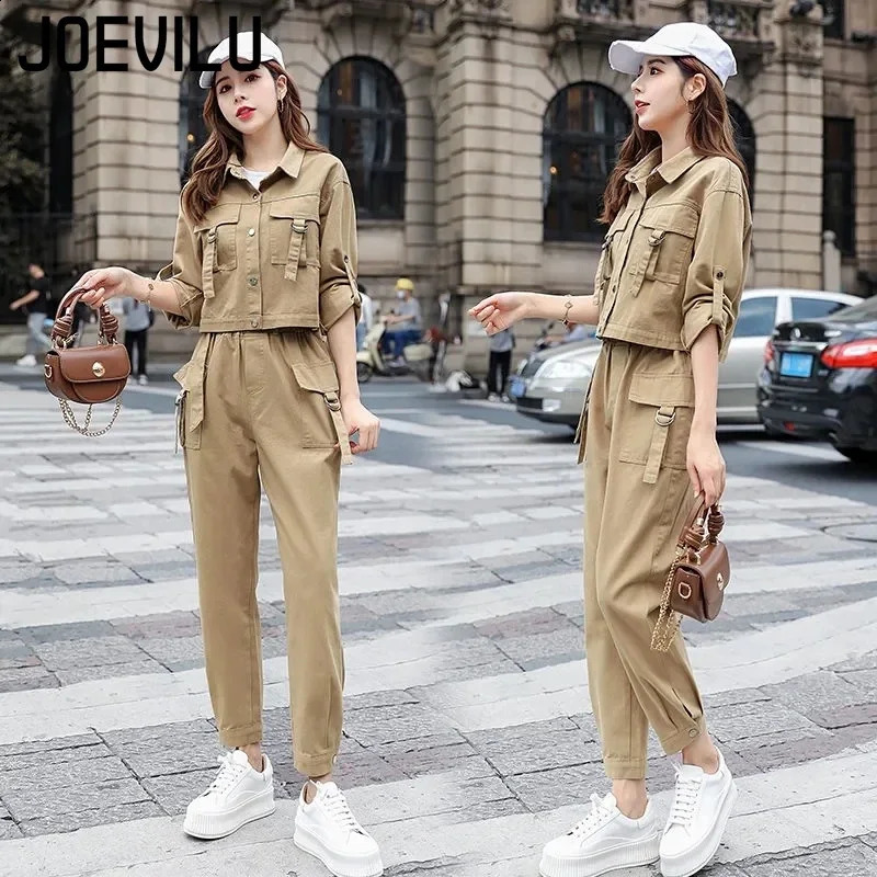 JOEVILU 2PCS Streetwear Tracksuit Cargo Coat Casual Pants 2 Piece Sets Womens Outfits Spring and Autumn Korean Fashion Y2k Suit 240820